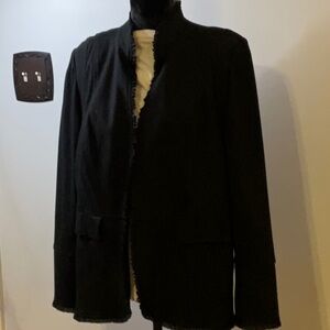 Chico’s Black Lined Blazer/Jacket. Ruffle fringe around Neck/opening. Size 3